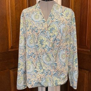 Talbots blue and green floral crossover blouse.